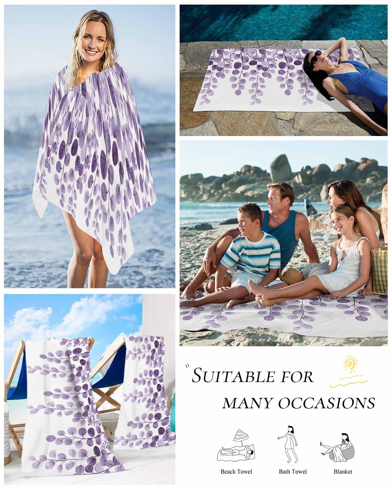 Purple Eucalyptus Leaves Beach Towels Oversized Super Absorbent, Watercolor Floral Leaf Plants Lightweight Bath Towel Quick Dry Sets For Bathroom/Pool/Rv Camping/Beach Play/Gym Room/Picnic 23"x47"