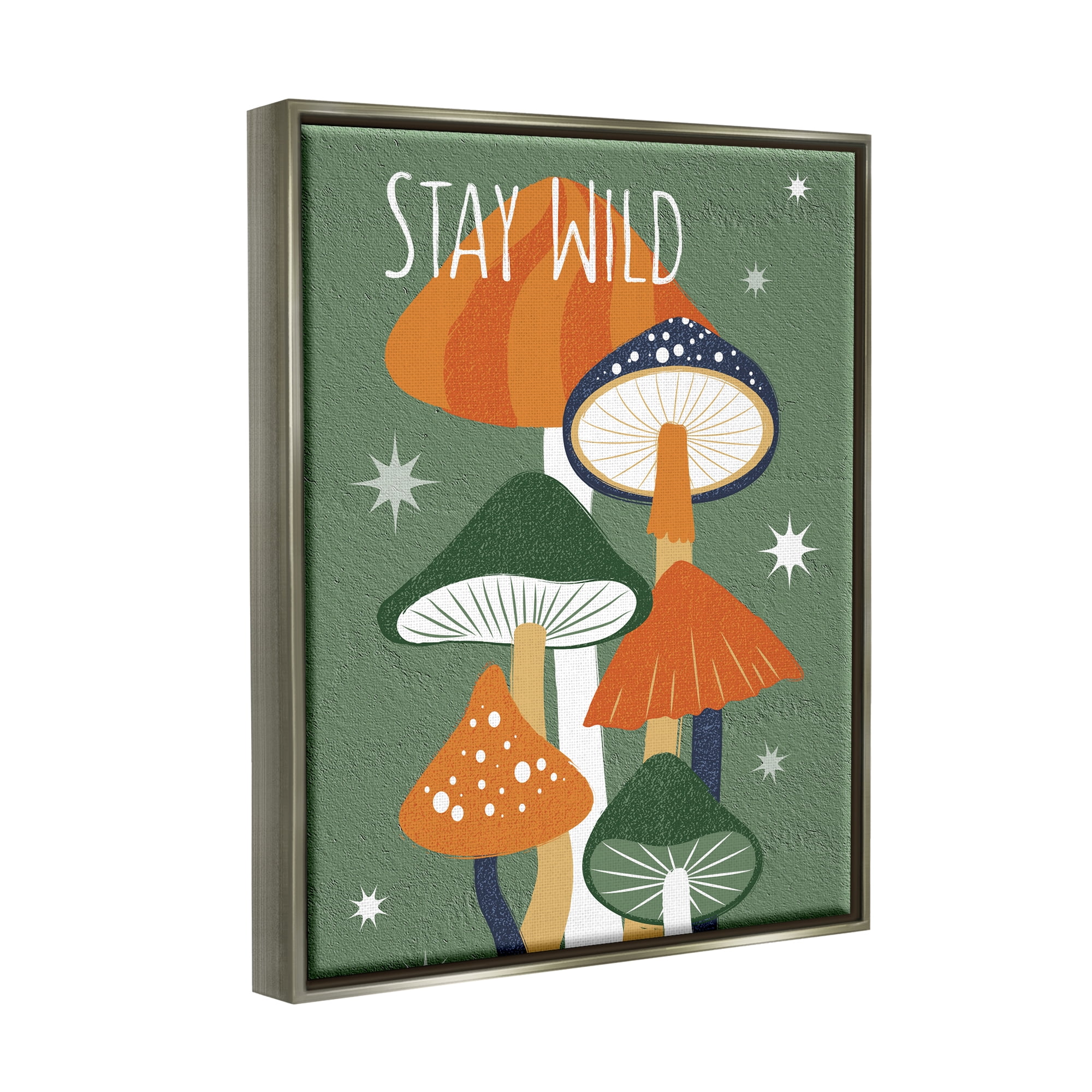 Stupell Industries Stay Wild Mushrooms Pattern Botanical & Floral Painting Gray Floater Framed Canvas Art Print Wall Art, 17 x 21