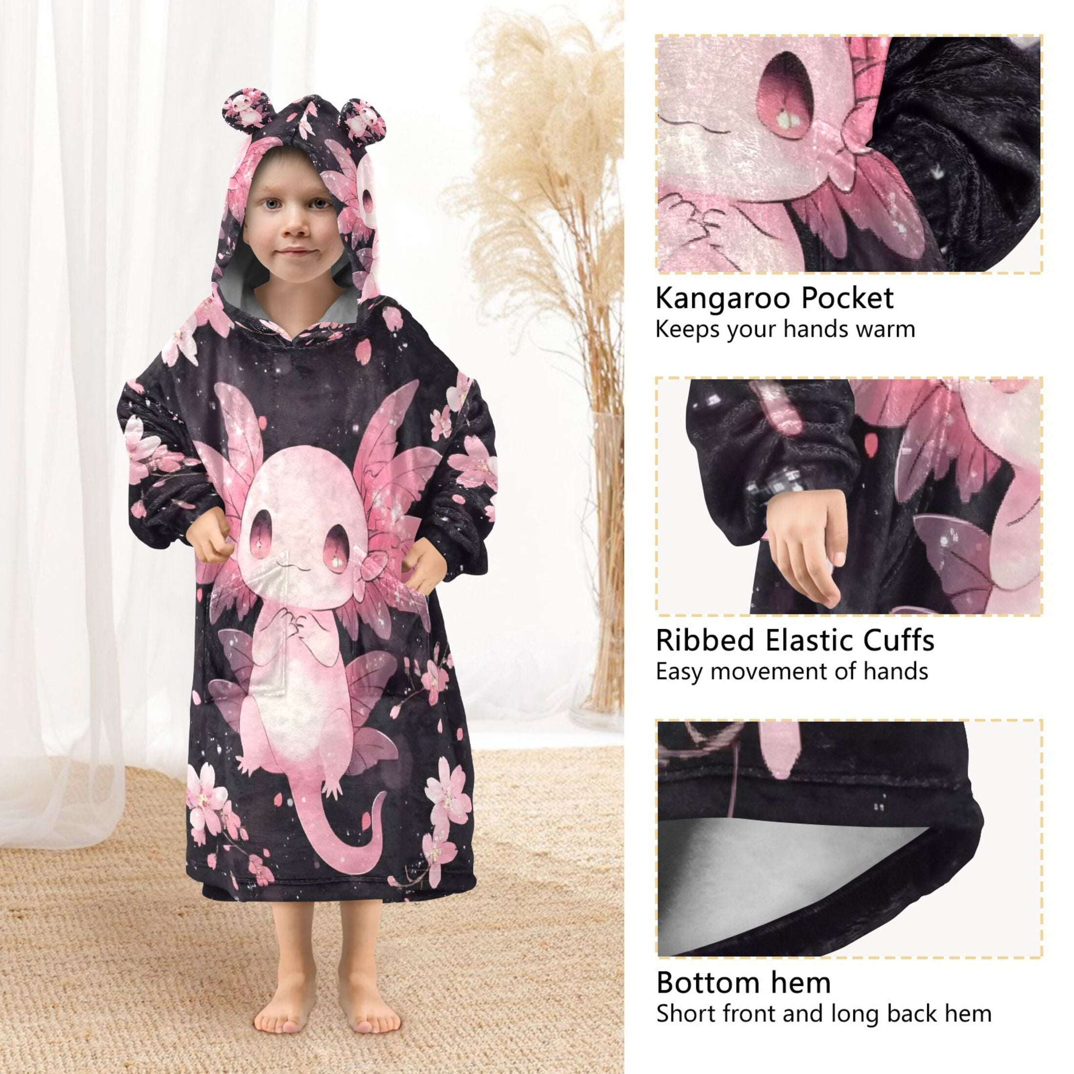 joogoo Wearable Blanket Hoodie Cute Axolotl Cherry Blossom for Flannel Sherpa Pocket 3-14 YR S