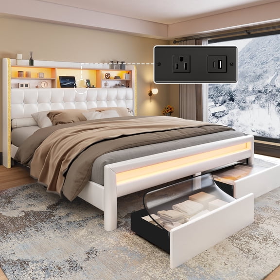 SIBEDS LED Bed Frame with 2 Storage Drawers and PU Upholstered White Wingback Headboard, Queen