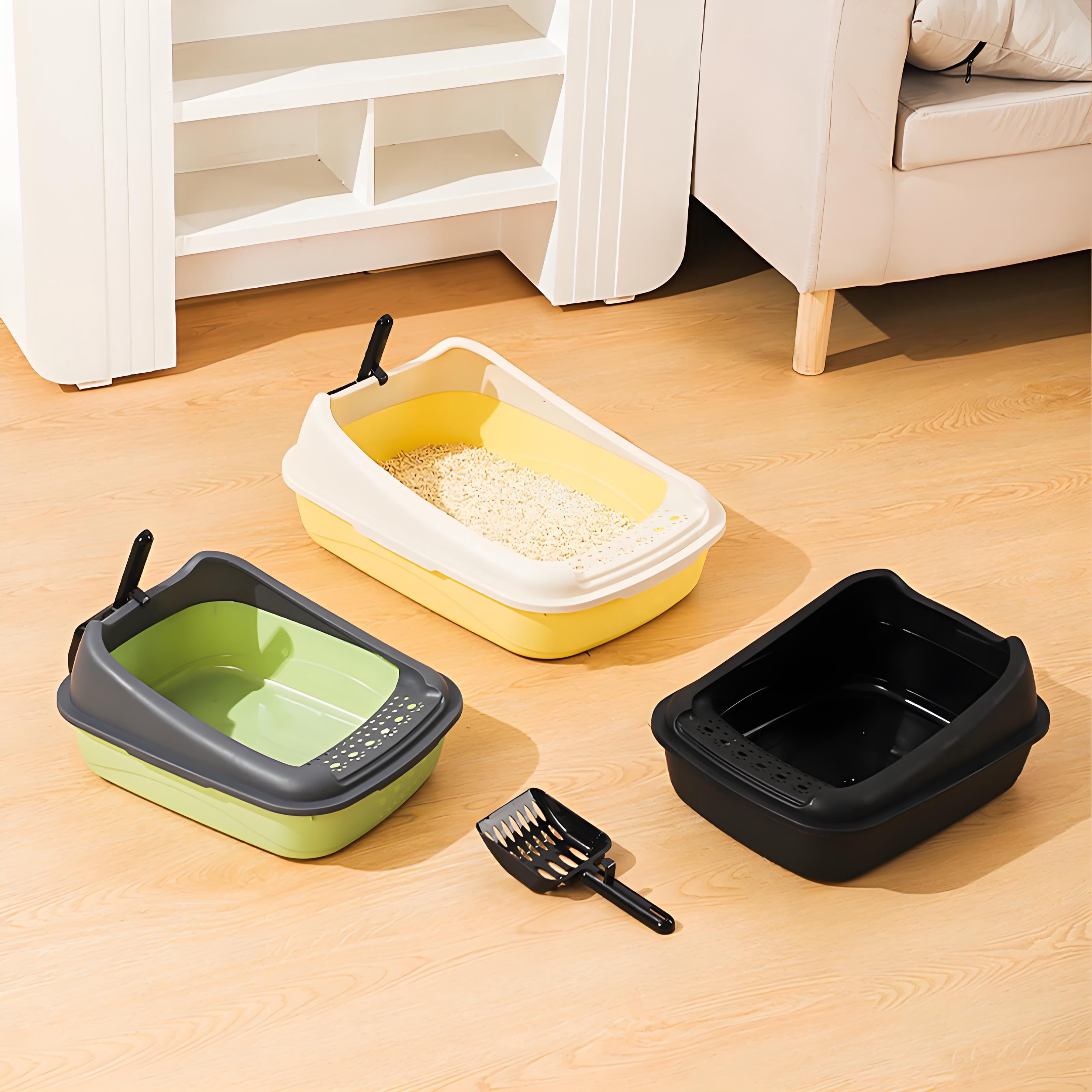 COMIART PP Material Semi - Enclosed Large Cat Litter Box Anti - Splash Cat Toilet Pet Supplies (Cream + Cream Yellow,Large Cat Litter Box)