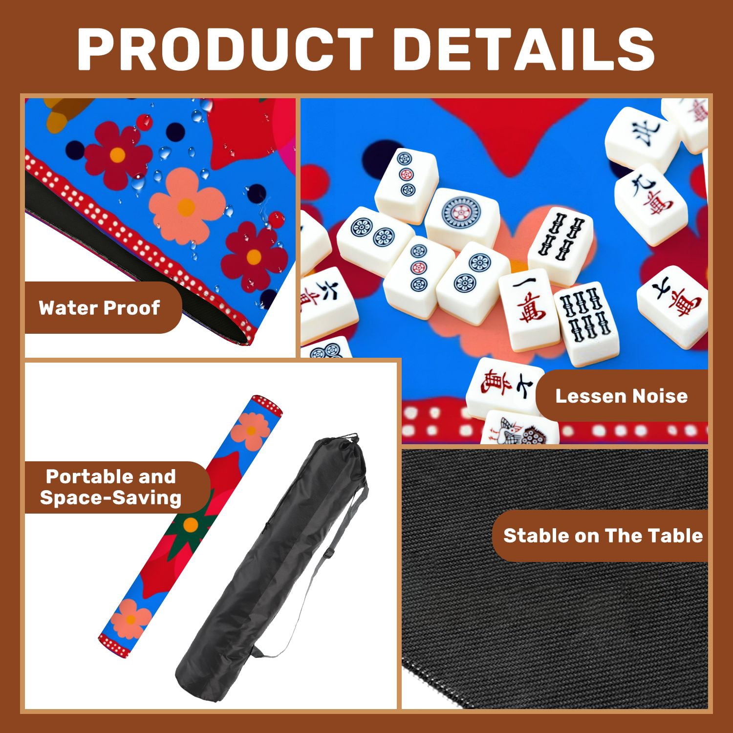 Mahjong Mat 31.5" x 31.5" Colorful Floral Folk Art Bold Geometric Shapes Non-Slip Noise Reduction American Mahjong Tiles Table Cover for Dominoes Poker Card Board Games Gift