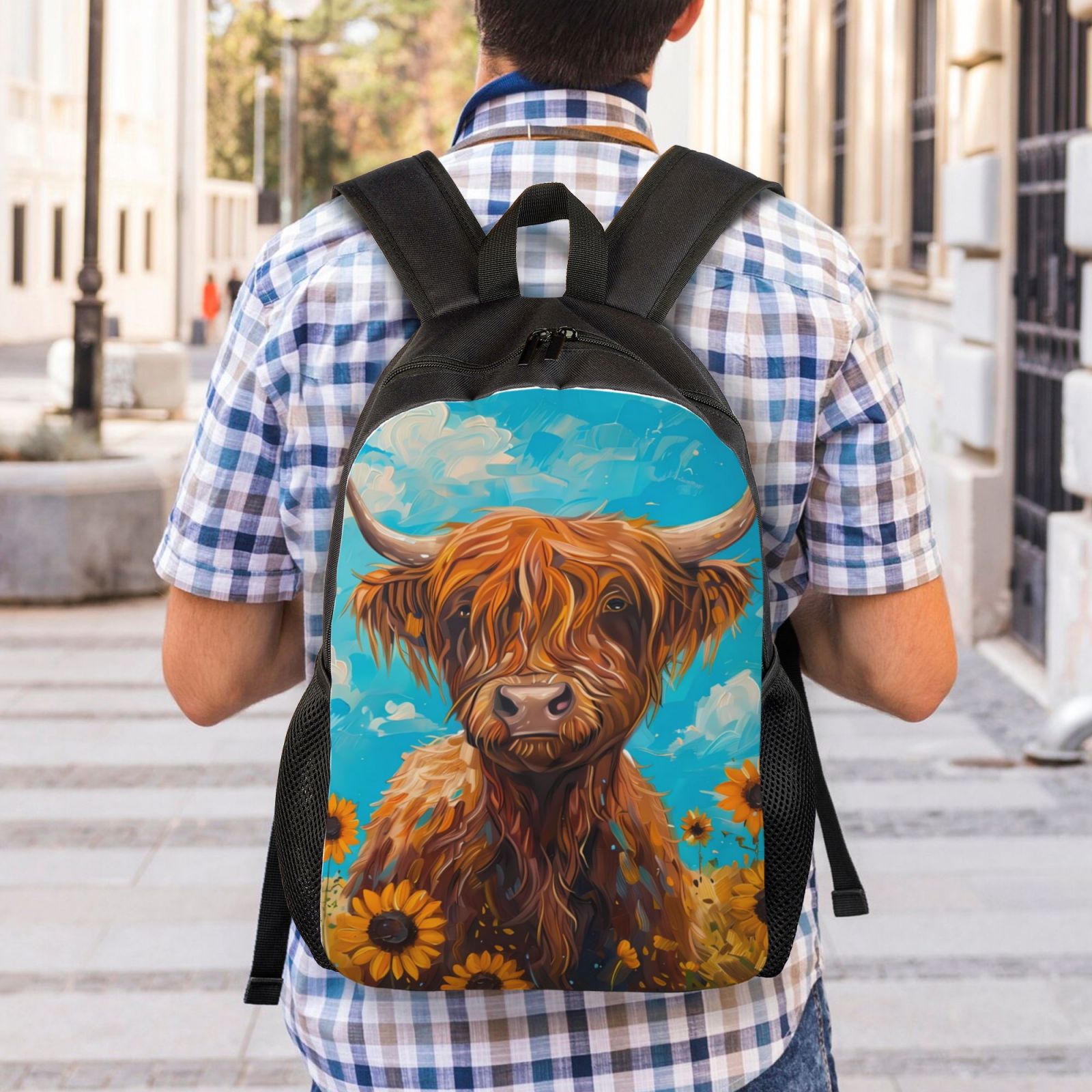 Xecao Cute Cow Sunflowers Art Print School Backpack with Laptop Compartment Small Travel Laptop Backpack for Women Men Waterproof College Backpack Simple School Bag