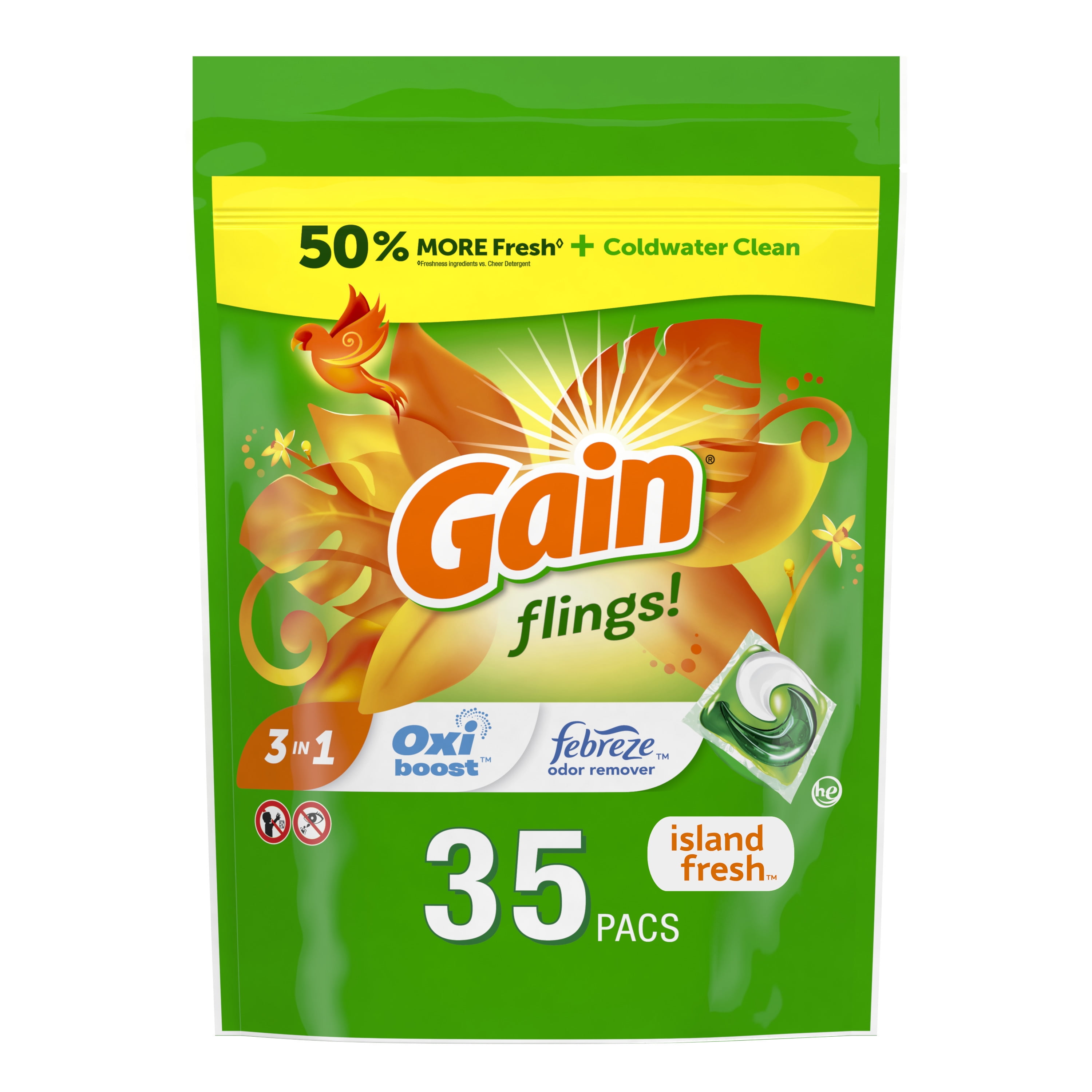 Gain Flings Liquid Laundry Detergent Pacs, 35 Ct, Island Fresh Scent