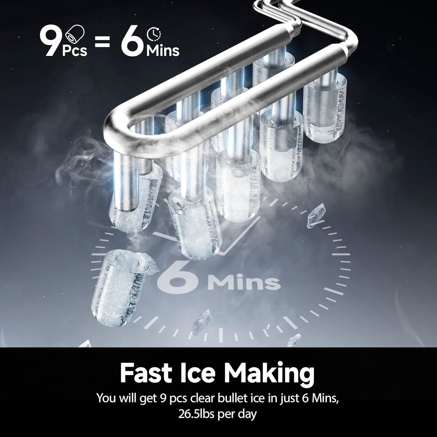 Ice Maker Countertop with Carry Handle, 9 Cubes Ready in 6 Mins, 26.5lbs/24H, Self-Cleaning, 2 Sizes of Bullet Ice with Basket and Scoop, Portable Ice Maker Machine for Home, Kitchen, Office