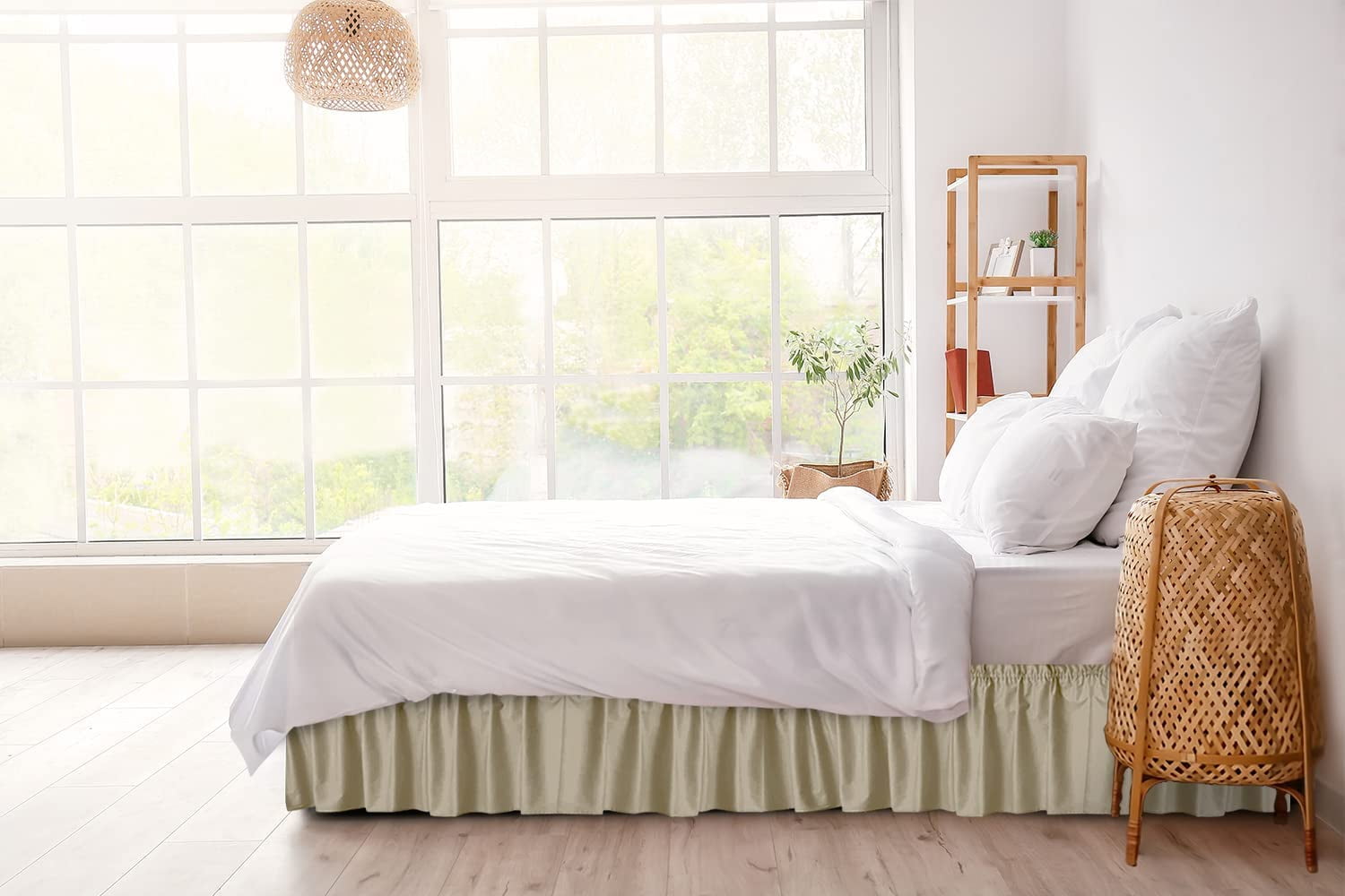 CGK Linens Wrap Around Dust Ruffle Bed Skirt - For Queen Size Bed With 15 Inch Drop, Easy Fit Elastic Strap - Pleated Bedskirt, Beige