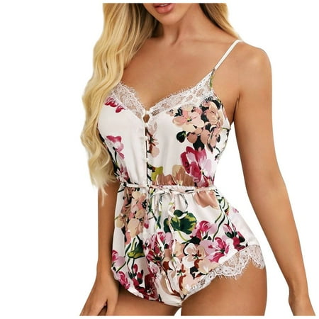 

EHTMSAK Lace Sleepwear Sexy Lingerie Babydoll for Women Teddy Floral Bodysuit One Piece White M