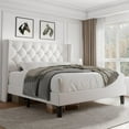 thumbnail image 1 of iPormis Full Size Bed Frame with Diamond Button Tufted Wingback Headboard, Upholstered Platform Bed Frame with Strong Wood Slat Support, No Box Spring Needed,White, 1 of 8