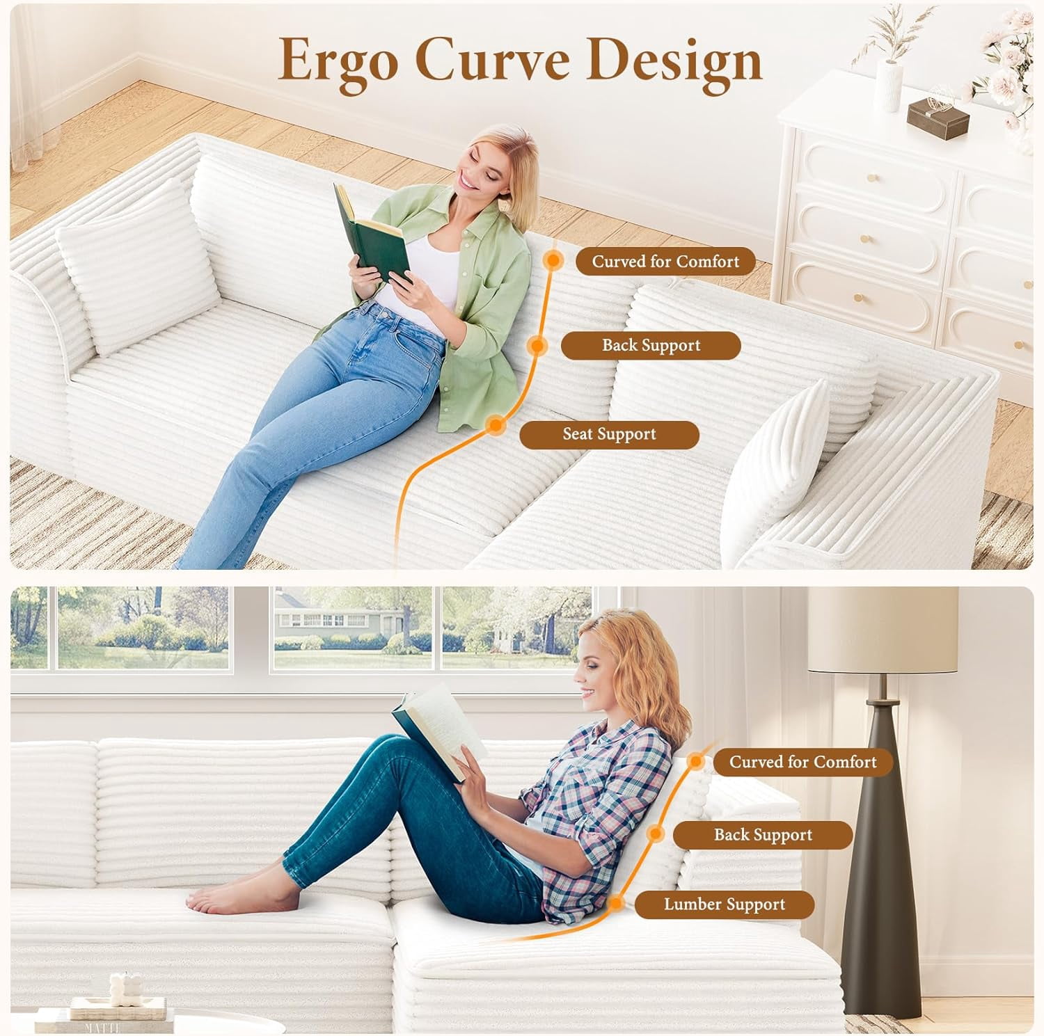 Neche 106" Modular Sectional Sofa with Chaise, Deep Seat Comfy Cloud Couch Corduroy L Shaped Sofa Sectional Couches for Living Room Bedroom, No Assembly Required (Beige, Right-Facing Chaise)