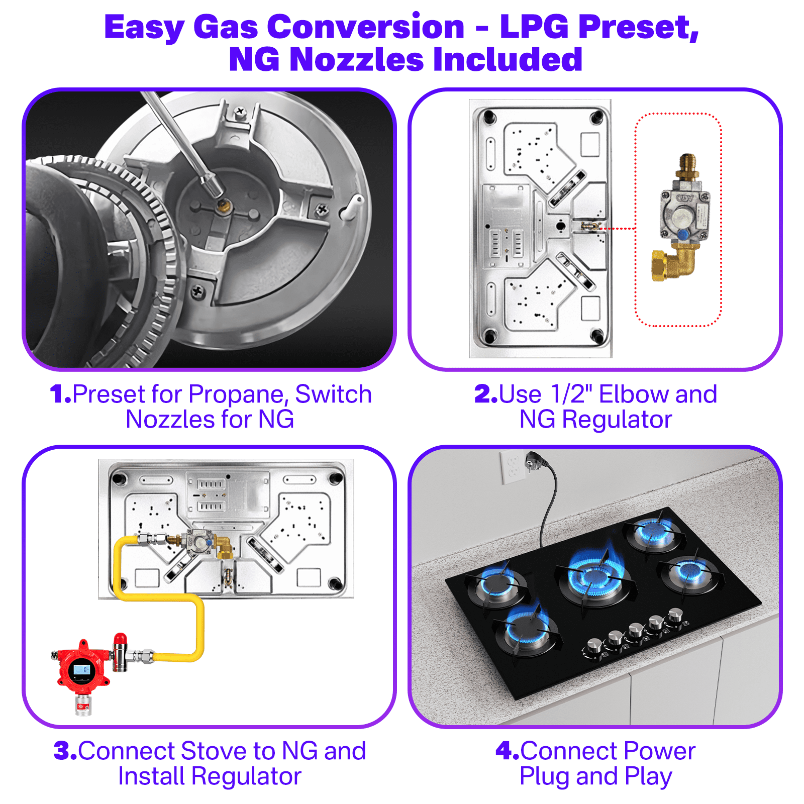 Graceall Kitchen Gas Stove Top with 5 Burners,Built-in Tempered Glass Gas Cooktop, LPG/NG Propane Stove Top For Cooking,NG/LPG Convertible,Thermocouple Protection,35900BTU