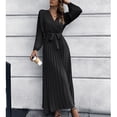 thumbnail image 3 of Women's Long Dress V Neck Long Sleeve Pleated A Line Skirt Lantern Sleeve Clothing Black S, 3 of 6