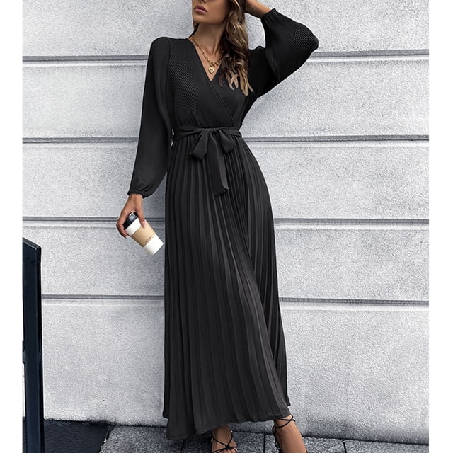 Vestido de corte A, vestido largo para mujer, vestido largo plisado en V, vestido largo para mujer, integración sin costuras