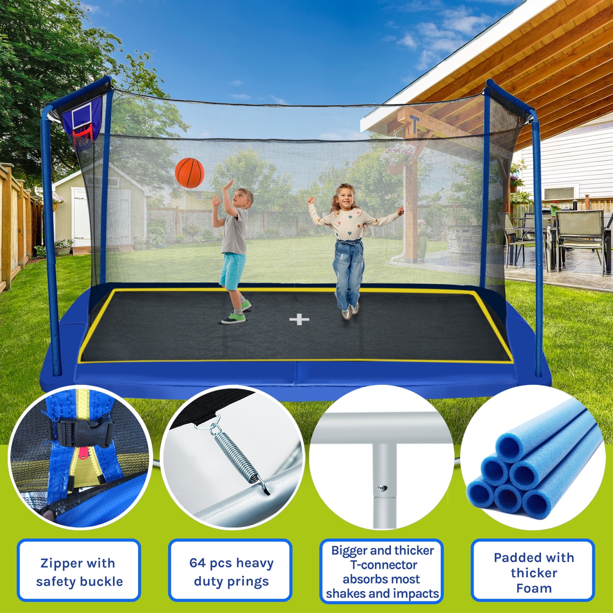 8ft by 12ft Rectangular Trampoline with Basketball Board, Ball Inflater and Ladder, Blue, ASTM Standard Tested