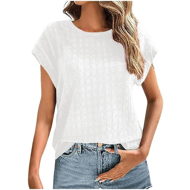 Camisas de Manga Corta para las Mujeres Casual, Moda Cuello Redondo Color Sólido, Blusas de Verano para las Mujeres