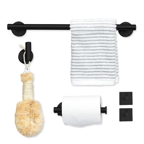Ilyapa Bathroom Hardware Set Black, Wall Mounted 5 Piece Matte Black Towel Rack Set - Towel Bar, 1 Big Hook, 2 Small Hooks, Toilet Paper Holder, Bathroom Accessories with Mounting Hardware