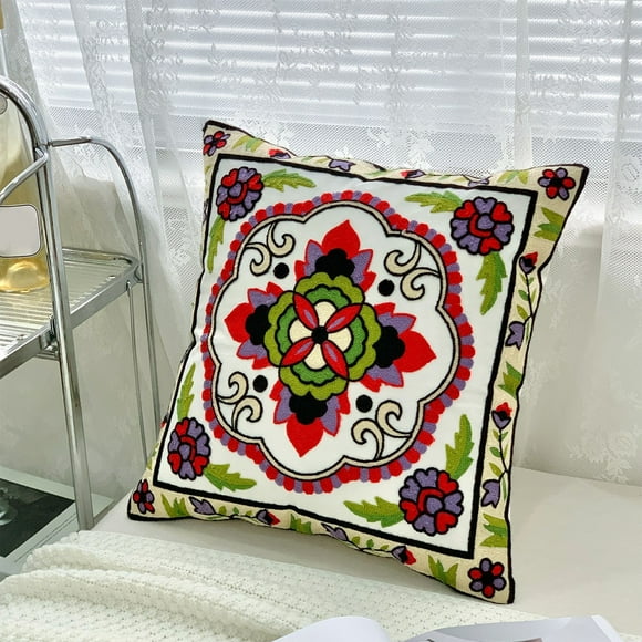 Funda de cojín decorativa | Funda de cojín para sofá con bordado floral para sala de estar | Funda de almohada cuadrada de tela de lino | Funda de cojín decorativa para sofá y dormitorio