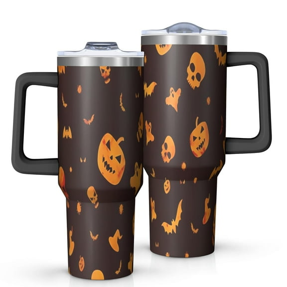 Halloween Spooky Icons on Dark Pattern Tumbler with Handle and Lid,40oz Double Wall Vacuum Insulated Tumbler,Cups Gift for Women and Men