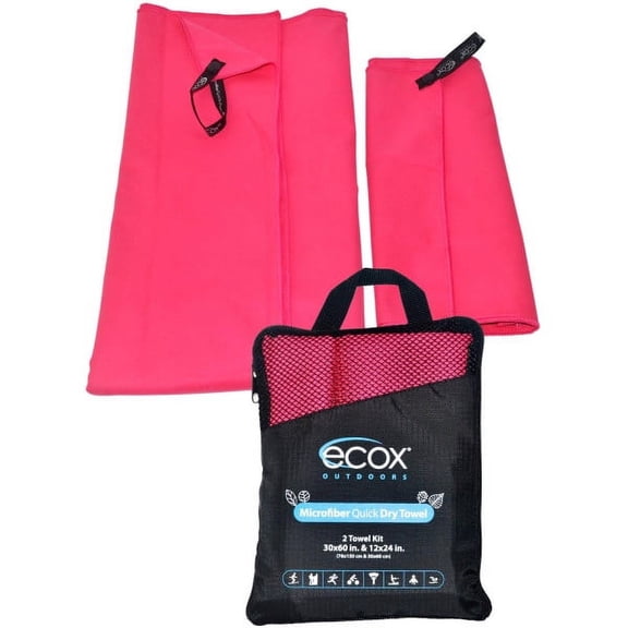 ecox Outdoors Microfiber Towel Fast Drying Soft Feel Fast Action Drying for Gym Beach Outdoors Travel Yoga Camping Compact Size 2 piece Set 30x60 in and 12x24 in Red MFT2PRD