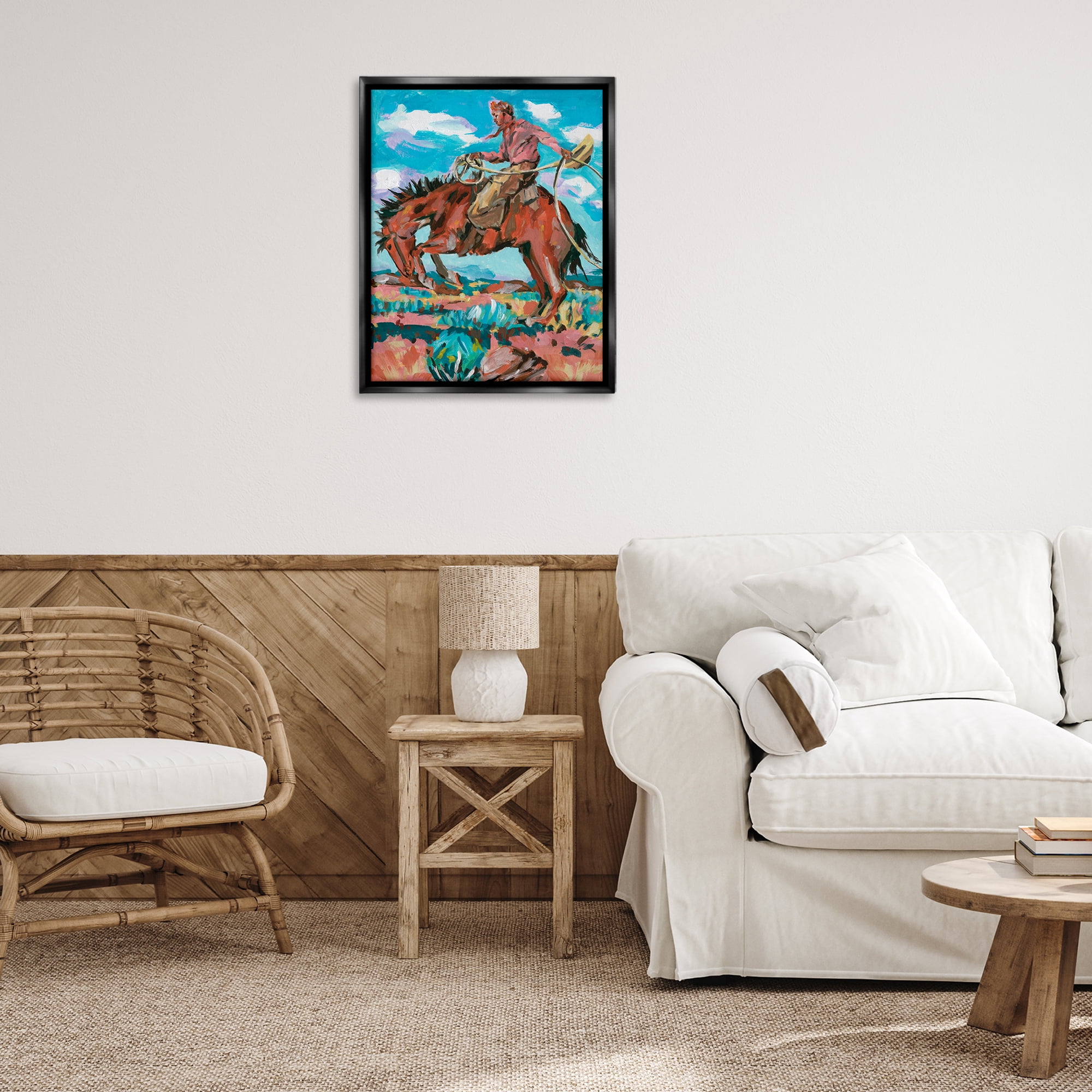 Stupell Industries Lassoing Cowboy Scene Animals Painting Black Floater Framed Canvas Art Print Wall Art, 25 x 31