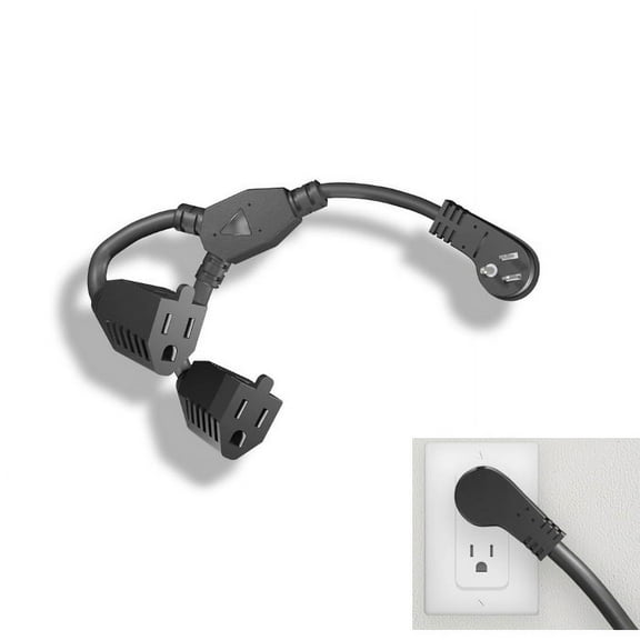 Kentek 1 Feet Ft 16 AWG Low Profile Angled Power Y Cable Cord Extension NEMA5-15P to NEMA5-15R x2 13A/125V Black