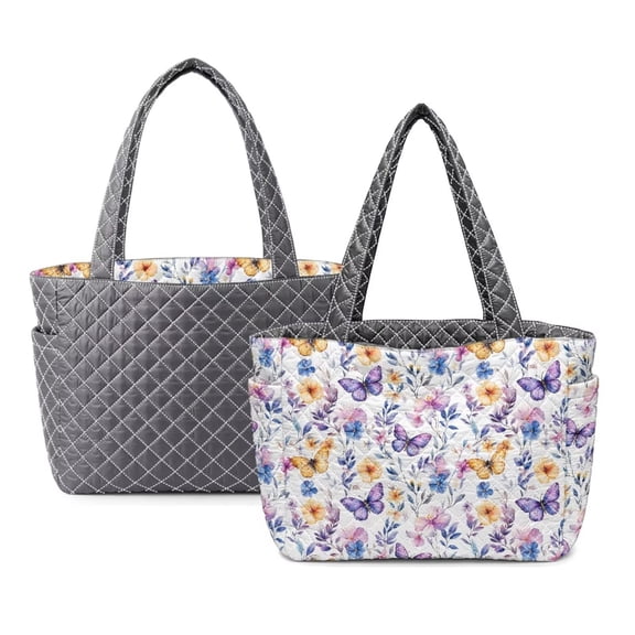 Pzuqiu Floral Butterfly Print Large Capacity Quilted Tote Bag Women Soft Lightweight Work Tote Bag for Travel Daily Casual Puffer Shoulder Handbag for Everyday Use