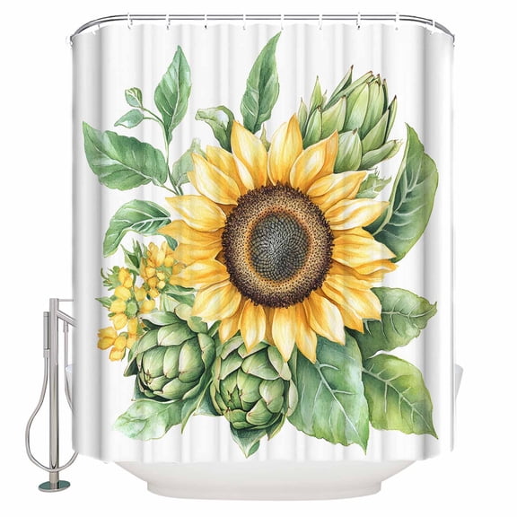 Shower Curtain Bathroom Set Farm Sunflower Green Leaves Waterproof Fabric Shower Curtains with Grommets&Hooks Country Watercolor Floral Privacy Bath Curtain for Bathtub 36x72in