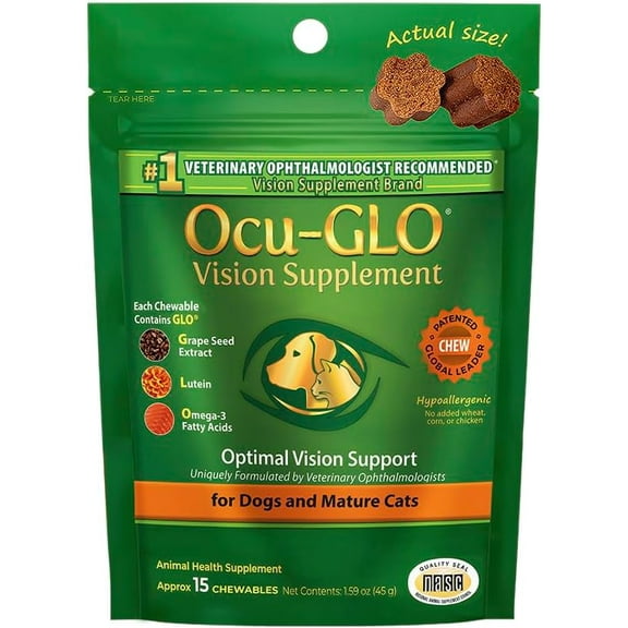 Ocu-GLO Vision Supplement for Dogs & Mature Cats by Animal Necessity with Lutein, Omega-3 Fatty Acids, Grape Seed Extract and Antioxidants to Promote Eye Health in Dogs & Cats, 15 Soft Chews