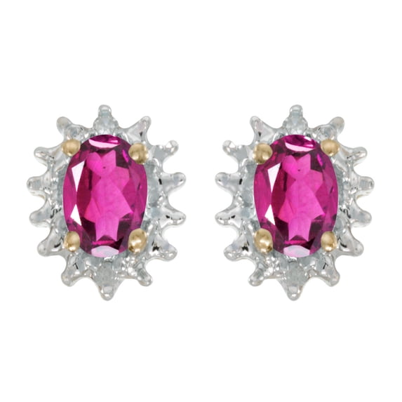 14k Yellow Gold Oval Pink Topaz And Diamond Earrings