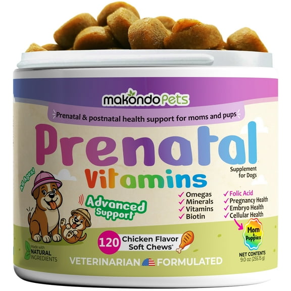 Dog Prenatal Vitamins – 120 Shoft Chews Multivitamin, Folic Acid, Glucosamine, Salmon Oil and Minerals for Pregnant, Breastfeeding and Newborn Pets – Complete Puppy Multi Vitamin.