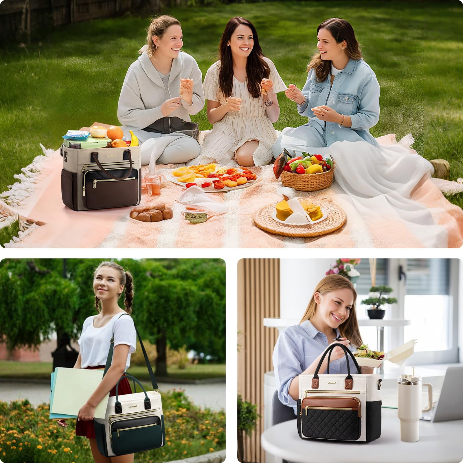 LOVEVOOK Insulated Lunch Bag Women,Wide Opening Adult Lunch Box Women,Large Leakproof Cooler Bag for Work Picnic Beach Family College,Lunch Teacher Tote Bag with Adjustable Shoulder Strap Cup Holder