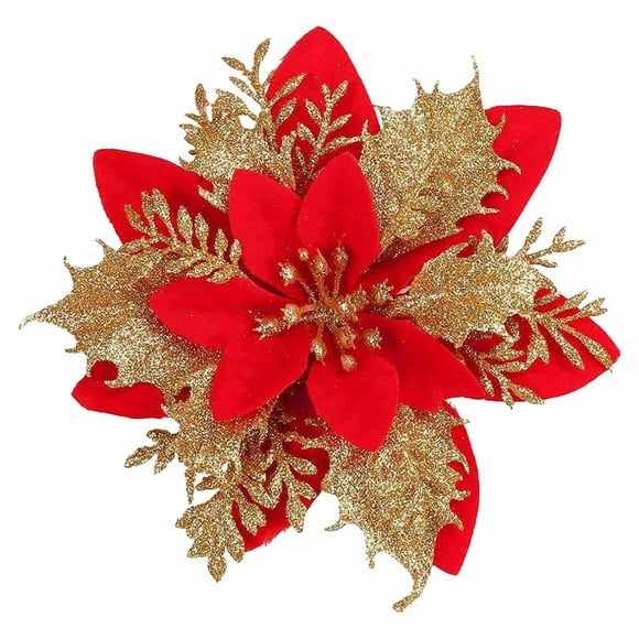 Clear Out Glitter Poinsettia 6 Inch Artificial Flowers Christmas Xmas Tree Ornaments for Wedding Party Wreath Decoration Glitter Christmas Flowers Metallic Mesh Poinsettia Flower Clip On Ornaments