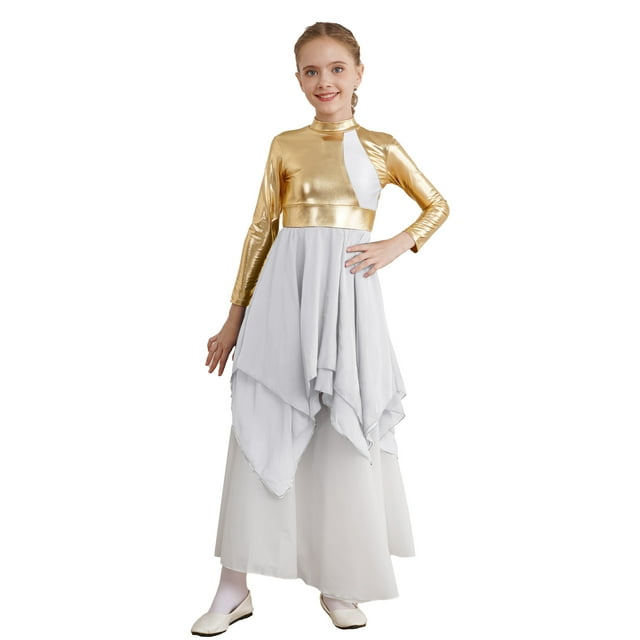 iiniim Robe de Danse Métallique Dorée à Manches Longues pour Enfants Filles Costume de Culte Blanc 16