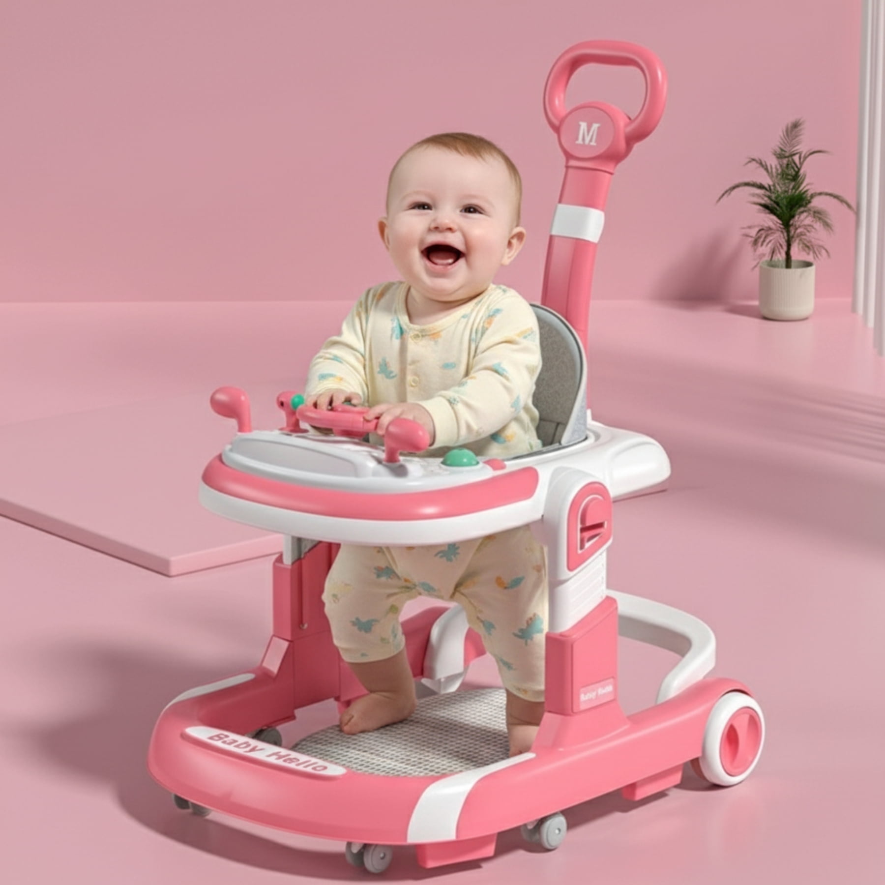 PUEDO 5-in-1 Foldable Baby Walker with Foot Pads/Handles for Boys and Girls 6-36 Months, Pink