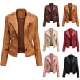 thumbnail image 4 of Dezsed Faux Leather Moto Jackets for Women Rivet Stand Collar Zipper Biker Coat Cropped Bomber Jackets Casual Street Outerwear Windbreaker with Pockets Brown 4XL, 4 of 4