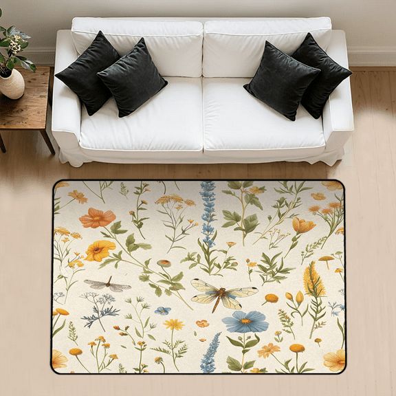 CURLYOOT Watercolor Floral Dragonfly Area Rug 3x5 Ft Rugs for Entryway Entrance Kitchen, Washable Non Slip Indoor Floor Carpet for Bedroom Living Room