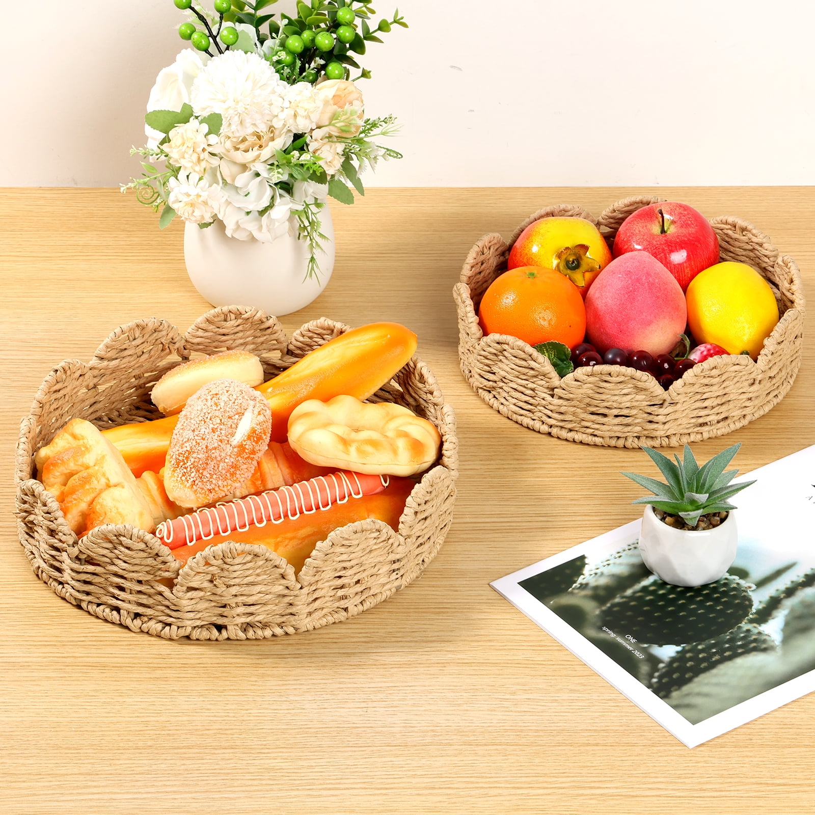 Keyohome Scalloped Basket,2Pcs Hand Woven Scalloped Tray,Decorative Paper Rope Braided Serving Tray,Storage Basket for Organizing and Decor