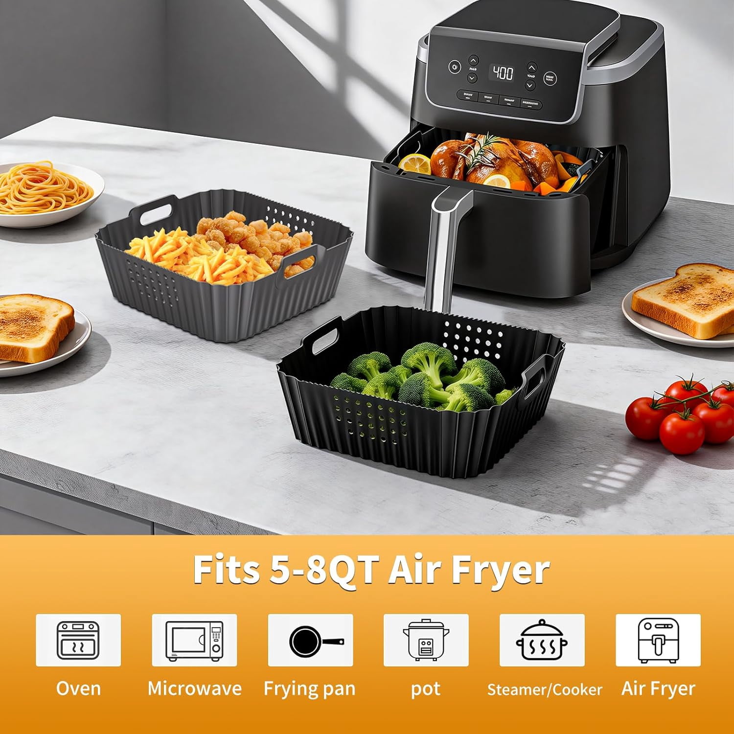JJEAN-Air Fryer Silicone Liners for Ninja AF141 AF142 5QT & AF181 6.5 QT AirFryer, Air Fryer Accessories for Cosori 5QT/6QT, 2 Pcs Reusable Square Liners for Instant 6Qt &Other 5-8QT AirFryer