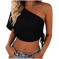 thumbnail image 2 of Women's One Shoulder Tops Short Sleeve Crop Top with Tie Side Textured Breathable Summer Blouse Black M, 2 of 7