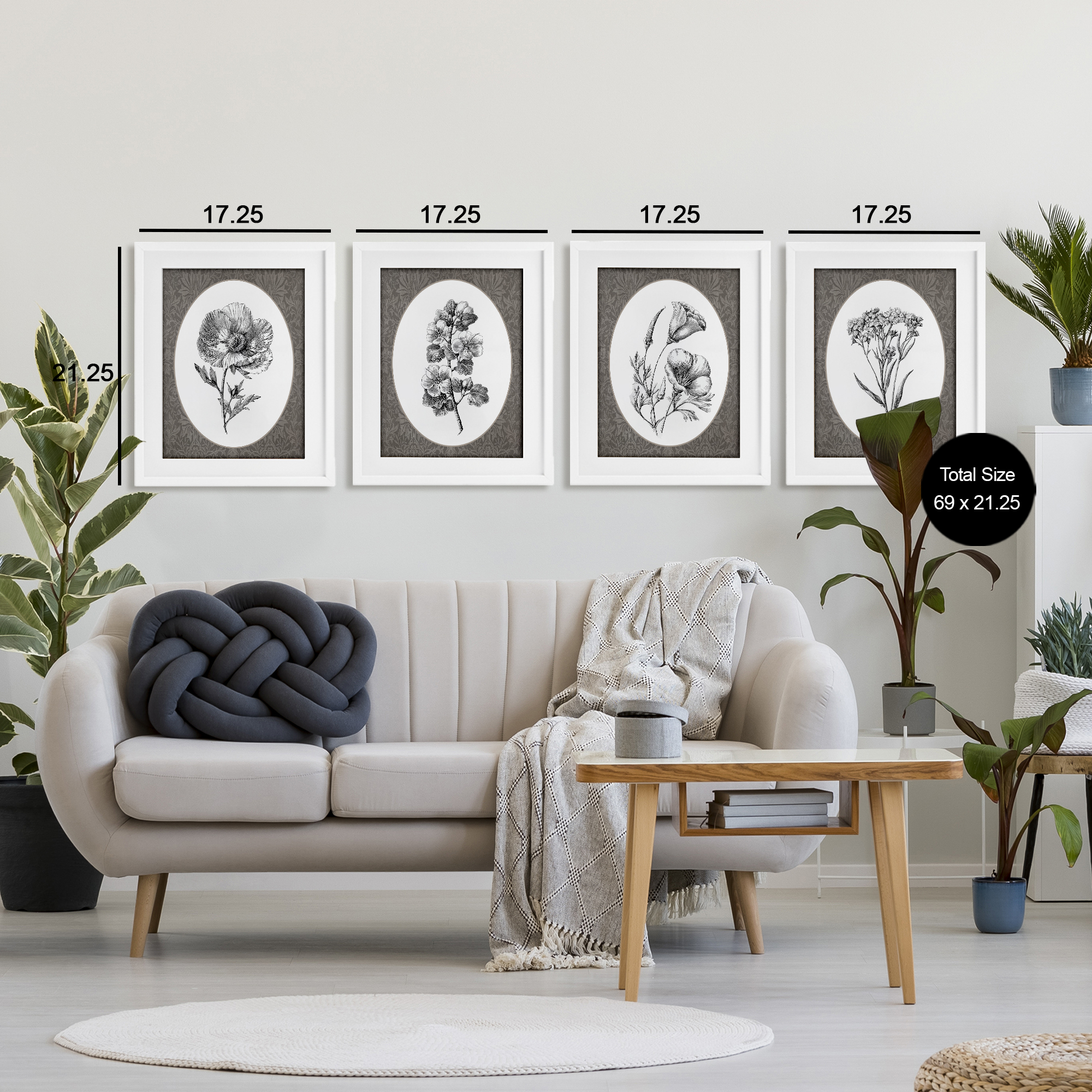Ornate Blooms over Damask 4 Piece White Framed Print Under Glass Set, design by Lettered and Lined