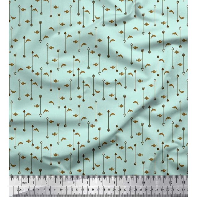 Soimoi Polyester Crepe Fabric Arrow & Fish Ocean Print Fabric by Yard 52 Inch Wide