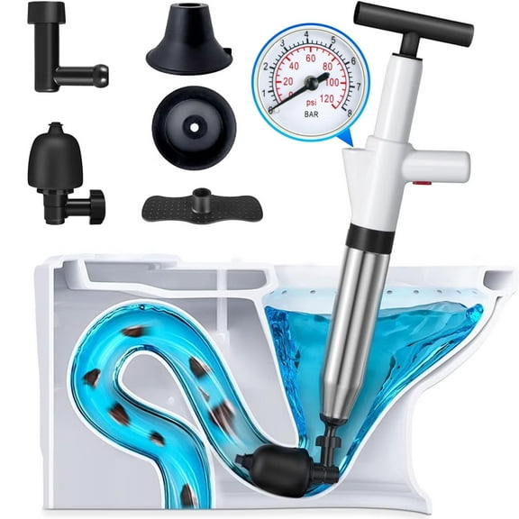 Hinzonek High Pressure Air Toilet Plunger Drain Blaster Kit, Unclogged, Stainless Steel Toilet Clog Remover - Unclog Toilets Kitchen Sinks Shower Drains Bathroom, Bathtub and Clogged Pipes with Ease