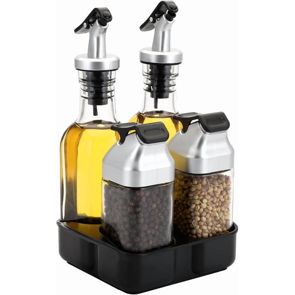 CZQ 5 PCS Oil Vinegar Dispenser Bottles Set with Caddy Stand, Tabletop Glass Salt Pepper Shaker Olive Oil Vinegar Cruets Set with Tray for Home Kitchen Restaurant RV Camp Travel Wedding Party