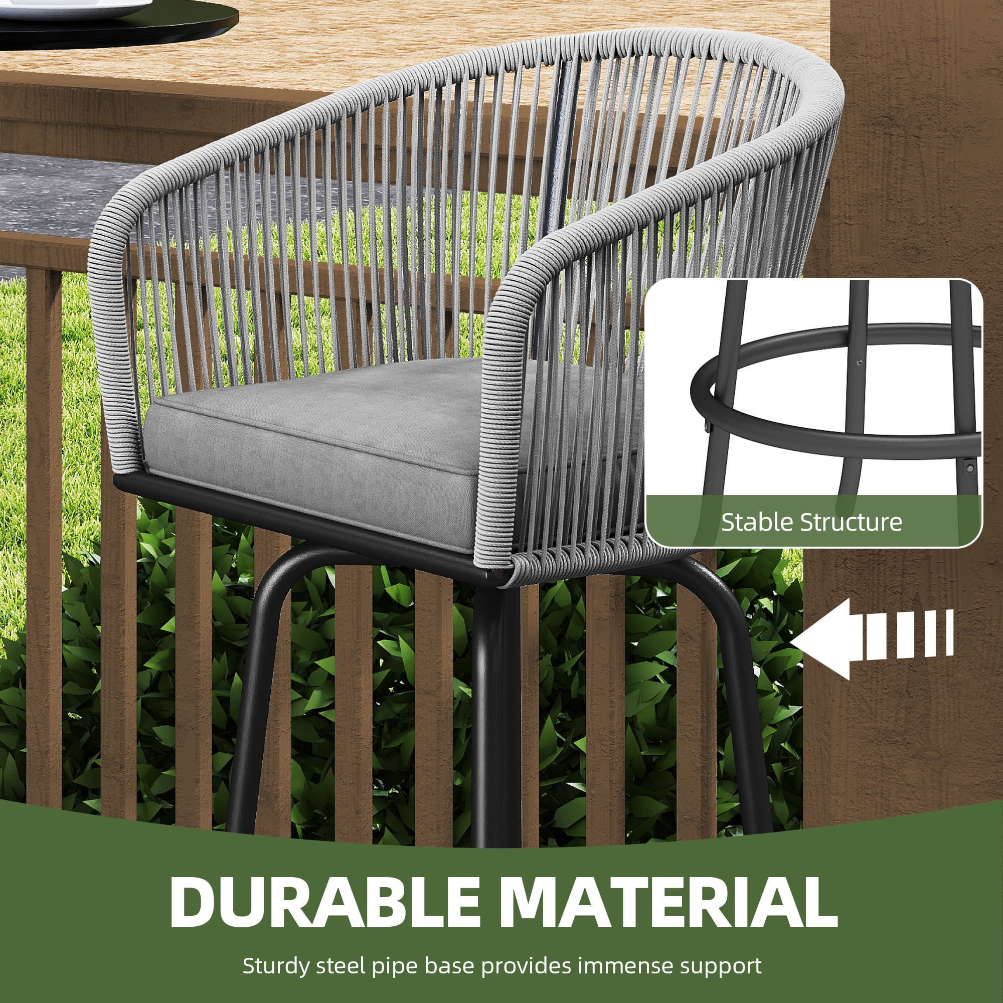 Uforic Patio Bar Stools Set of 2, Counter Height Swivel Bar Stools with Cushions, Outdoor Rattan Chairs for Backyard, Balcony, Deck, Lawn and Indoor Use, Gray