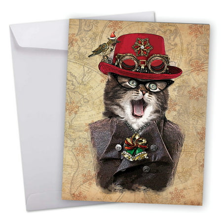 J6554CXSG Big Merry Christmas Greeting Card: 'Steampunk Cats' Featuring a Fashionable Feline Dressed Up in All Its Victorian Steampunk Finery Greeting Card with Envelope by The Best Card