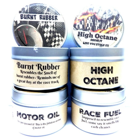 Combo - Set of 4 - 8oz Soy Candle Tins Burnt Rubber, Motor Oil, High Octane & Race