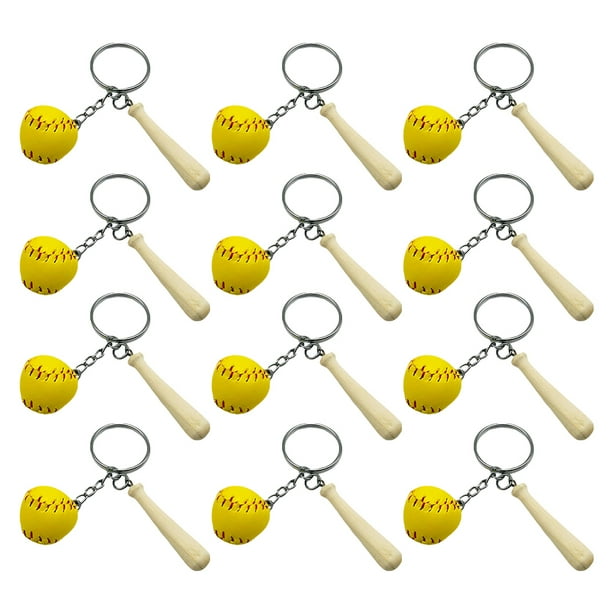 12 llaveros de béisbol de madera con forma de bate, ideal como recuerdo de fiesta.