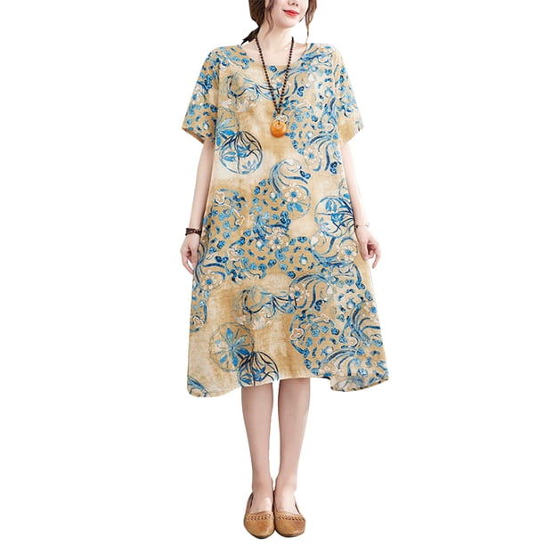 Vestido suelto de mujer Vestido bohemio con estampado floral con bolsillos Manga corta Cuello r MABOTO Vestido