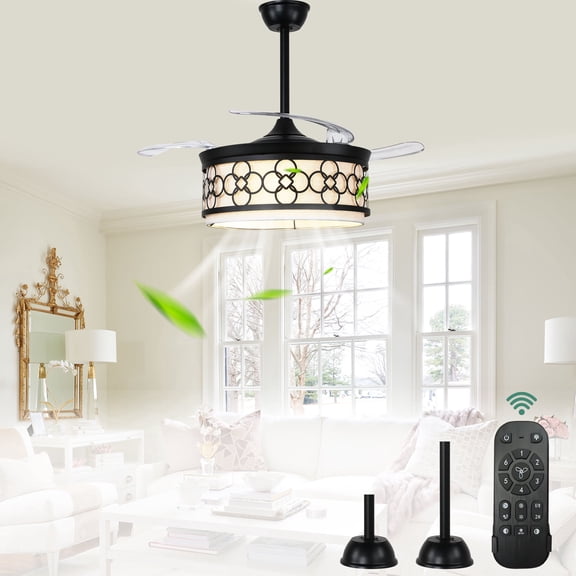 Cusp Barn 42 inch Black Modern Retractable Ceiling Fan with Lights and Remote, 6 Speeds 3-Blade DC Motor Bladeless Fandelier Ceiling Fan