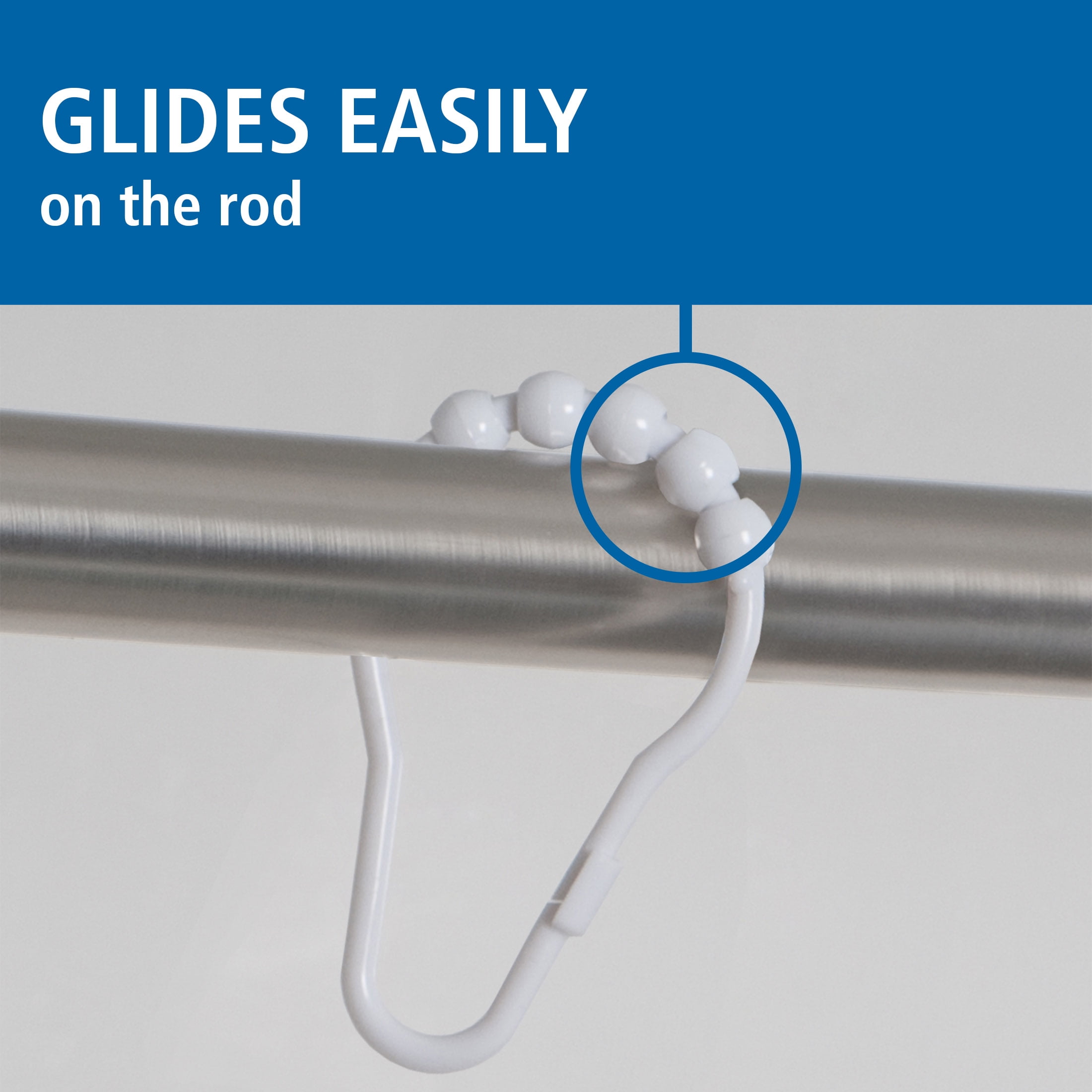 Mainstays Shower Curtain Rollerball Hooks, Easy Gliding, White, Set of 12
