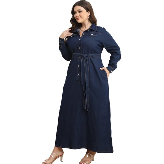 AURA Plus Size Winter Washed Denim Midi Dress Long Sleeve Belted A Line Casual Style
